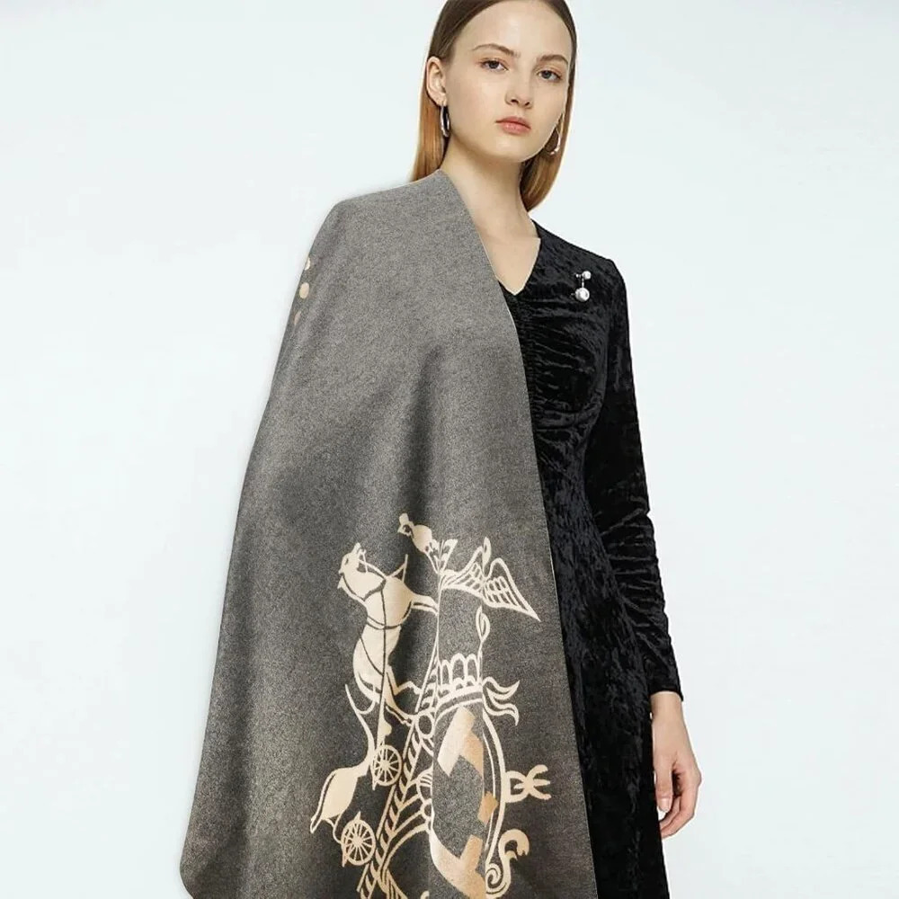 Women Grey Scarfs Pashmina Silky Shawl Wrap Blanket Open Front Poncho Cape - Picture 6 of 8